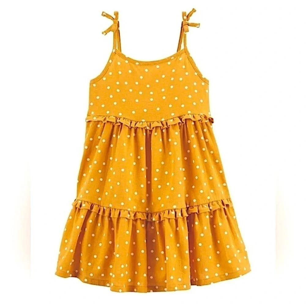 OshKosh B’Gosh Toddler Girl’s Golden Yellow Linen Polka Dot Tiered Dress Size 5T